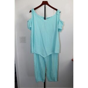 VTG CottonWays Turquoise Gauze Cotton 2 Piece Set Cold Shoulder Top Pants Size 3